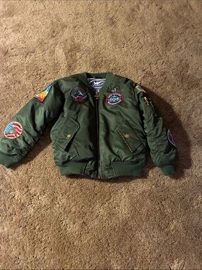 Kids Olive Green Bomber Jacket with Patches:pilot jacket size 7